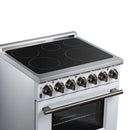 White electric range with black glass radiant cooktop, six knobs, oven door closed