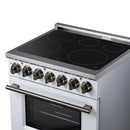 White freestanding electric range with black radiant cooktop, control knobs, and oven handle