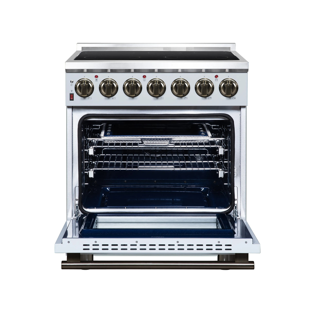 White electric range with oven door open, showing baking racks and heating area