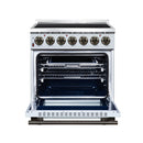 White electric range with oven door open, showing baking racks and heating area