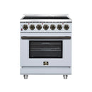 White freestanding electric range with black glass oven door and control knobs