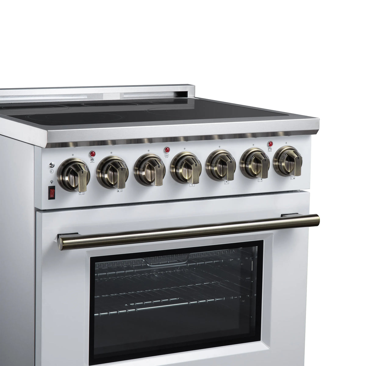 White electric range control panel with eight radiant burner knobs and oven handle