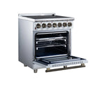White electric range with oven door open and interior rack and heating elements