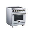 White freestanding electric range with control knobs, oven window, and stainless trim