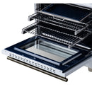 Electric range oven with wire racks and broiler pan pull-out tray at bottom