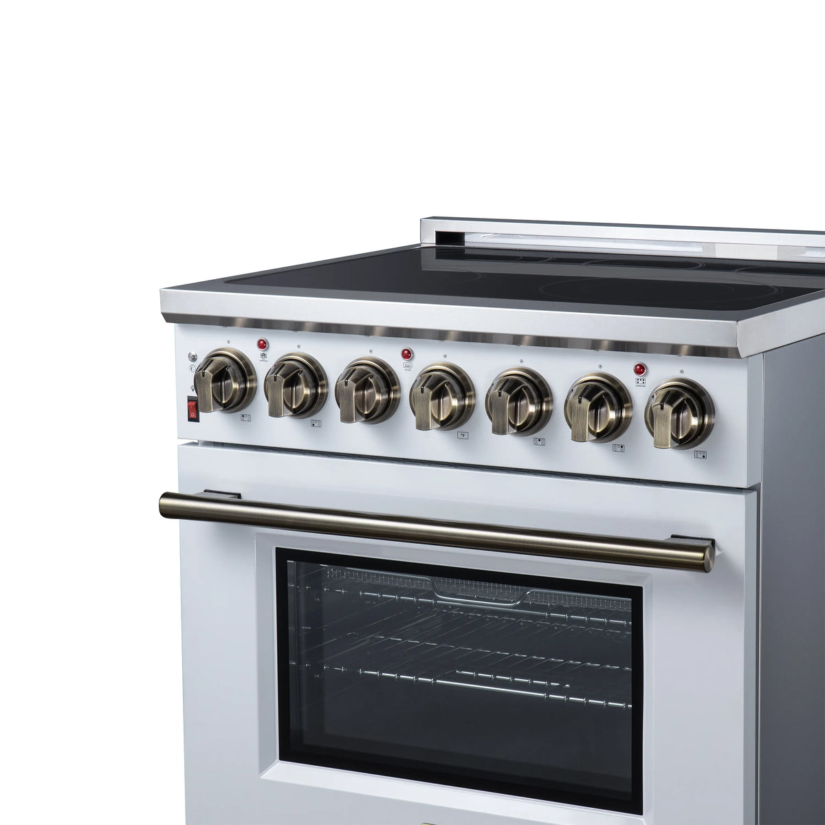 White freestanding electric range front view with control knobs and oven window