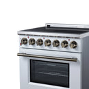 White freestanding electric range front view with control knobs and oven window