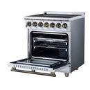 White freestanding electric range with radiant cooktop, open convection oven, metal racks