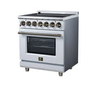 White freestanding electric range with oven door, control knobs, and warm brass badge