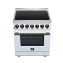 White freestanding electric range with black radiant cooktop and oven door, control knobs