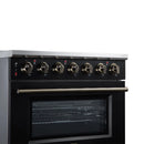 Close-up of black burner control knobs and glass oven window on freestanding range