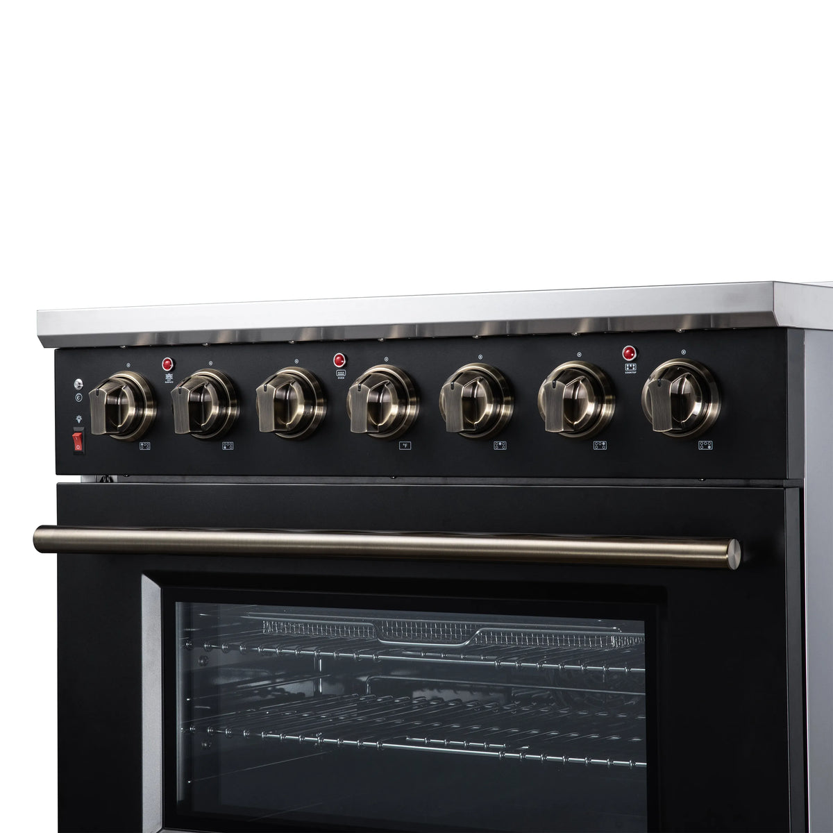 Black freestanding electric range with 5 radiant burners, brass knobs, and oven window