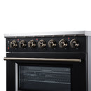 Black freestanding electric range with 5 radiant burners, brass knobs, and oven window