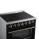 Black electric range cooktop with radiant zones, brass control knobs, and oven door