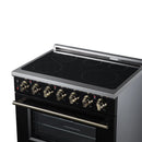 Black electric range with radiant cooktop, brass knobs, and brushed brass oven handle