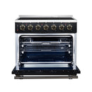 Black freestanding electric range with open oven cavity and wire rack
