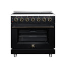Black freestanding electric range with brass-trim control panel and oven door window