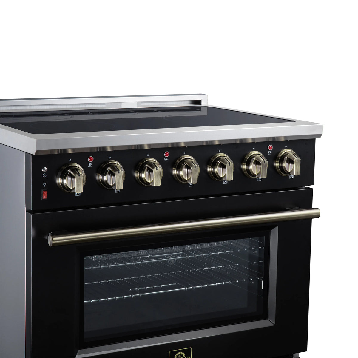 Black electric range control panel with 5 radiant burner knobs and stainless cooktop