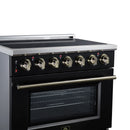 Black electric range control panel with 5 radiant burner knobs and stainless cooktop