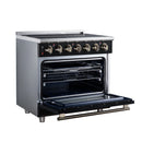 Black freestanding electric range with open oven door and slide-out air fryer rack