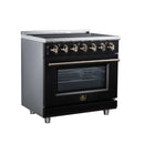 Black freestanding electric range with 5 radiant burners and glass oven door, brass knobs