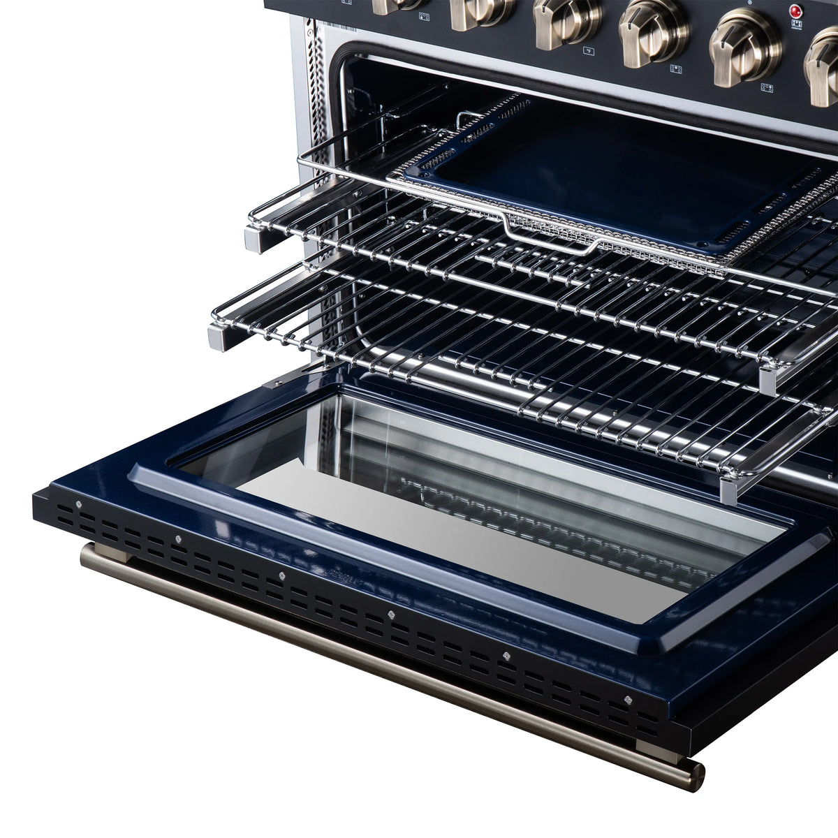 Open oven with racks pulled out on black tray and stainless wire shelves