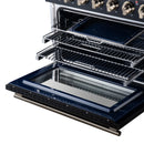 Open oven with racks pulled out on black tray and stainless wire shelves