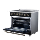 Black electric range with oven door open and bottom rack set on pull-out tray