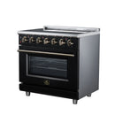 Black freestanding electric range with stainless top, windowed oven door, brass control knobs