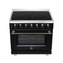 Black freestanding electric range with glass cooktop, brass burner knobs, and oven window