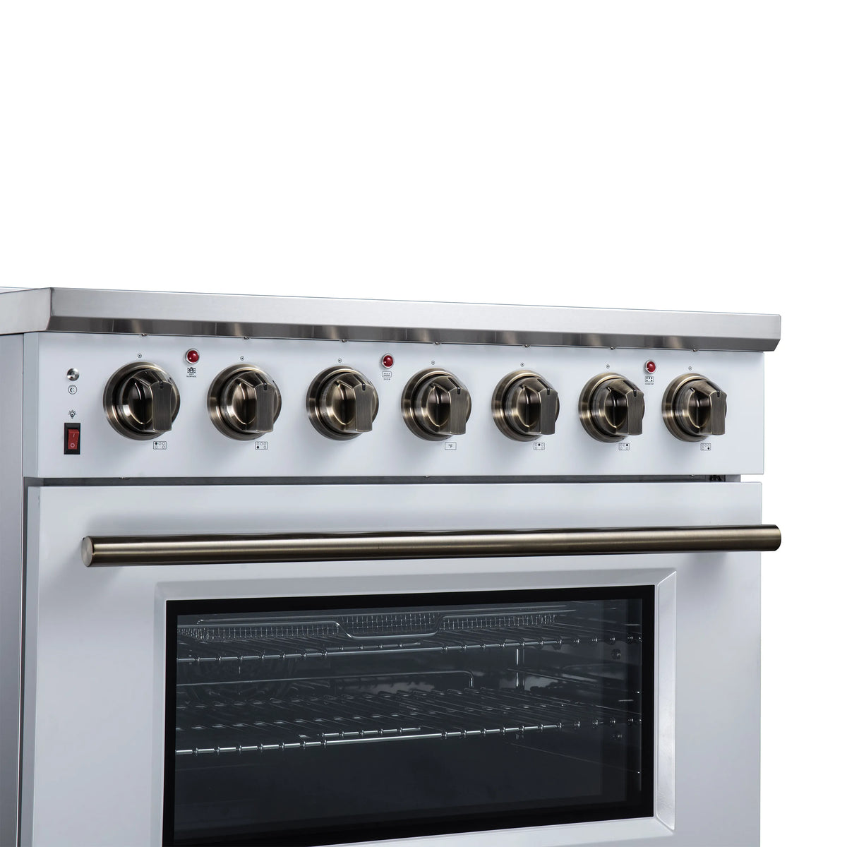 Front section of white electric range with burner knobs and large oven door window