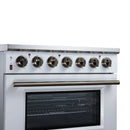 Front section of white electric range with burner knobs and large oven door window