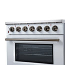 White electric range front view with burner knob row and oven door window beneath
