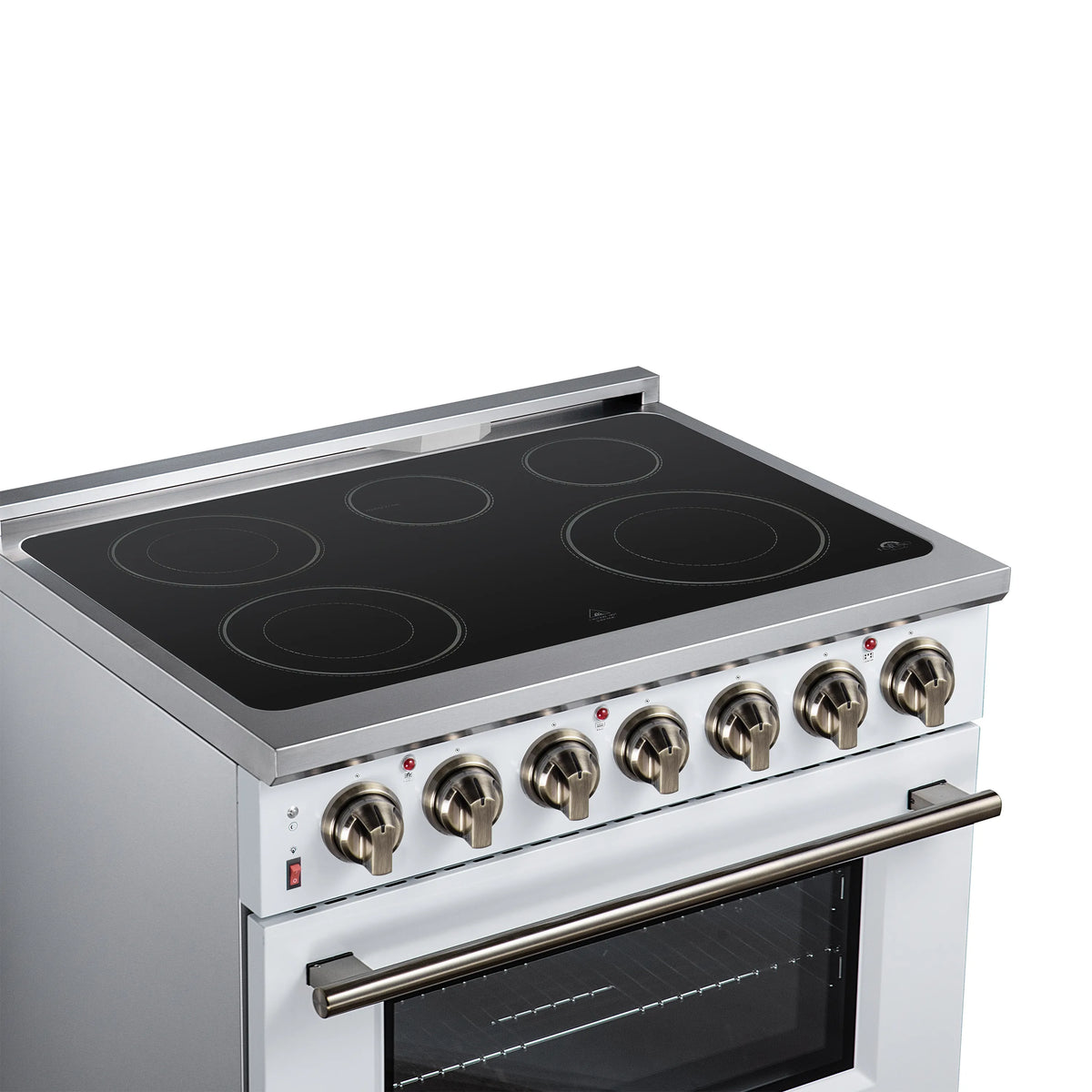 White electric range top with black glass cooktop burners and oven door with control knobs