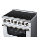 White freestanding electric range with black glass radiant cooktop and brass-colored control knobs
