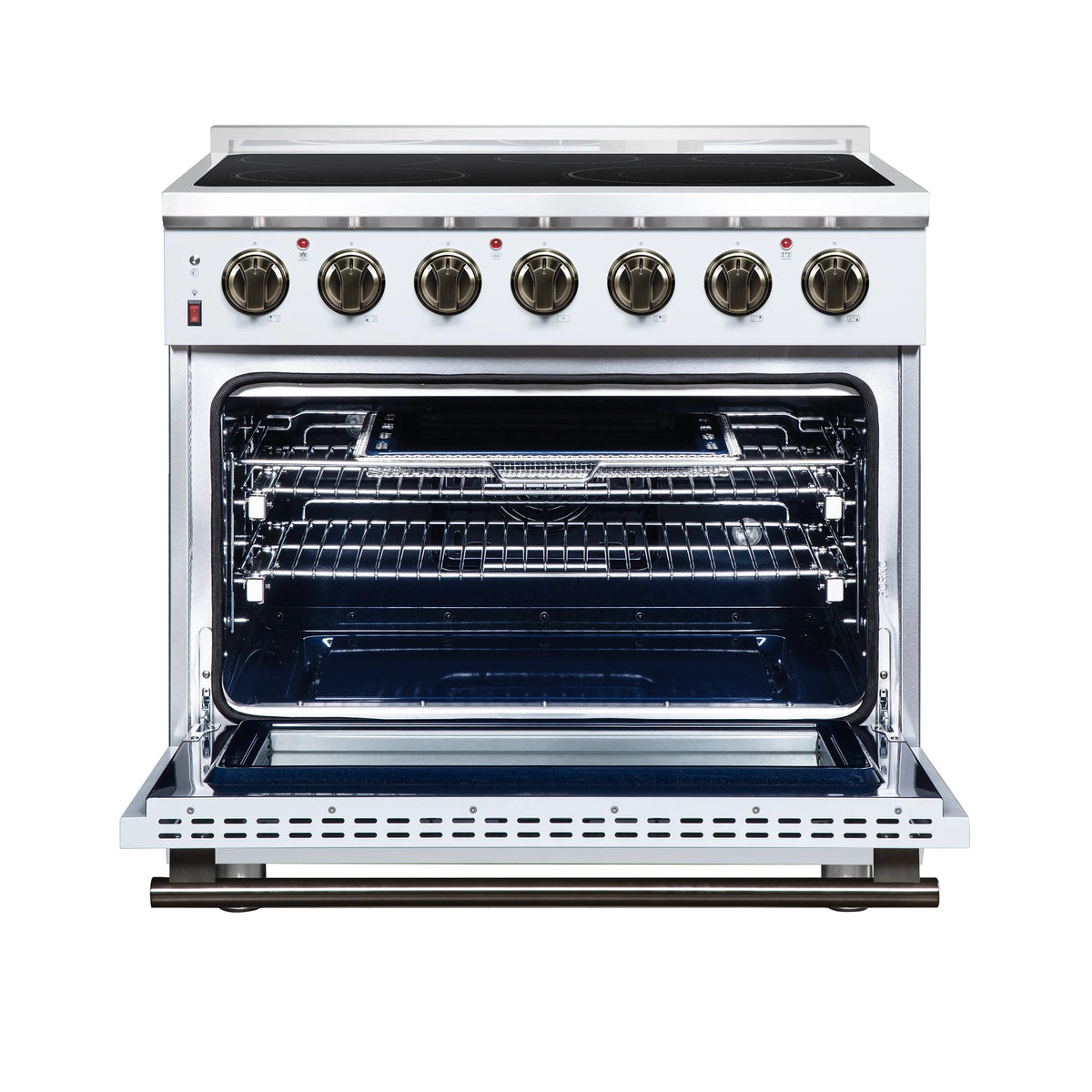 White electric range with oven door open showing wire racks and convection fan area