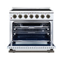 White electric range with oven door open showing wire racks and convection fan area