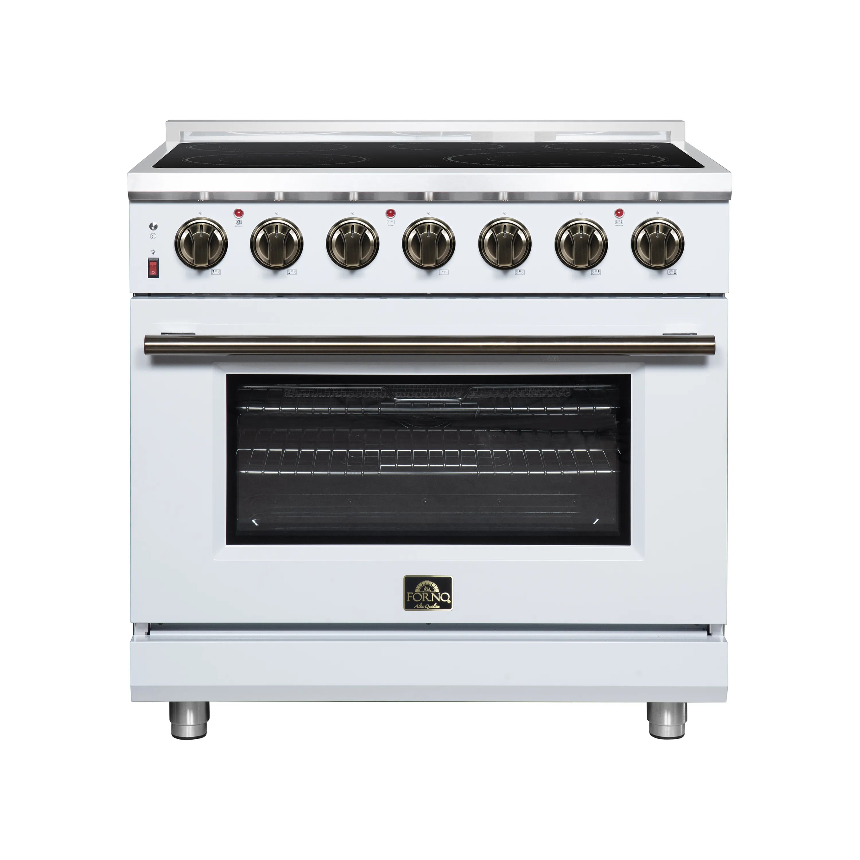 White freestanding electric range front view with black oven window and radiant cooktop burners