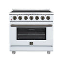 White freestanding electric range front view with black oven window and radiant cooktop burners