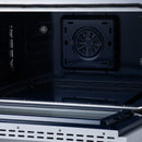 Oven interior with round convection fan vent opening on black back panel inside range