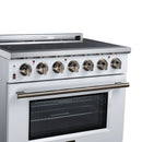 Black glass cooktop with radiant elements and brass-colored knobs above white oven door