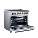 White electric range with open convection oven door, wire racks, and radiant cooktop controls