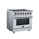 White freestanding electric range with side profile, black cooktop, and brass-trim knobs