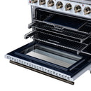 Open oven cavity with wire racks and dark baking pan, showing interior heating elements