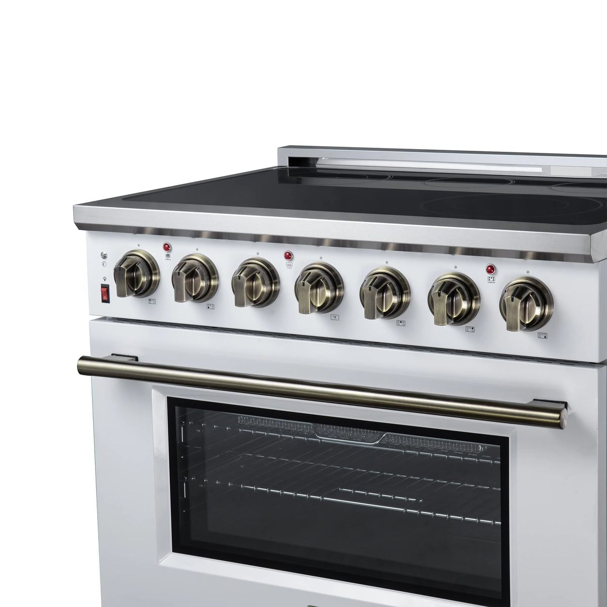 White electric range with radiant cooktop, brass-toned knob accents, and oven door window