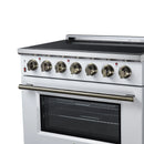 White electric range with radiant cooktop, brass-toned knob accents, and oven door window