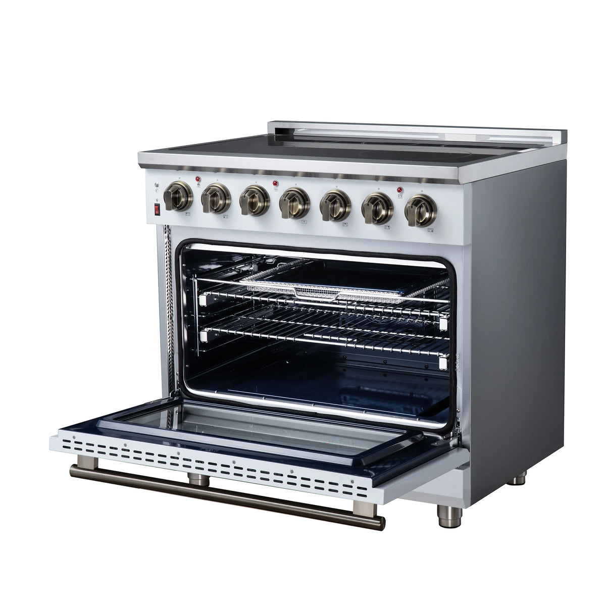 White electric range with open oven door, wire racks inside, and burner control knobs on top