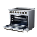White electric range with open oven door, wire racks inside, and burner control knobs on top