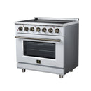 White freestanding electric range with stainless front panel, oven window, and burner knobs
