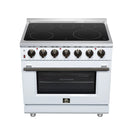 White electric range front view with black glass cooktop, burner knobs, and oven window